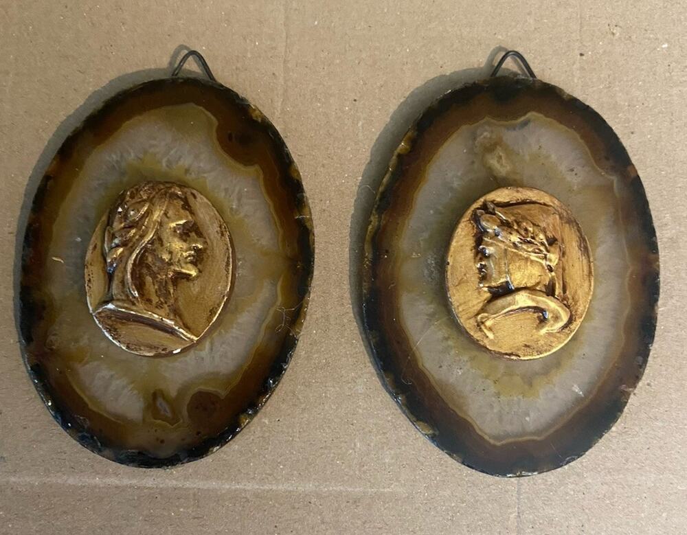 Pair Grand Tour Plaster Cameo Intaglio Miniatures on Agate Plaques 3.5"x2.75"